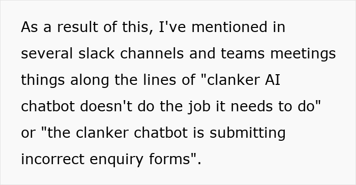 Worker disciplined message mentioning ChatGPT slurs in Slack channels and teams meetings about chatbot performance issues.