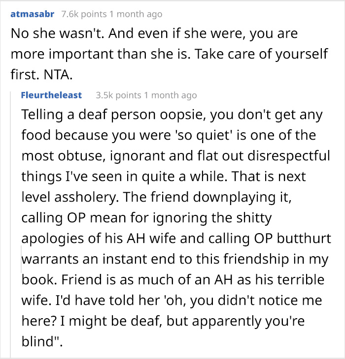 Reddit discussion criticizing a woman for telling a deaf man he was ignored because he was so quiet.
