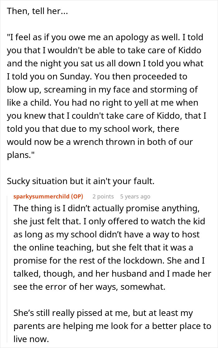 Text conversation showing a woman expecting cousin to babysit instead of attending school, causing conflict.