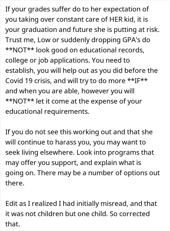 Alt text: Advice on managing expectations when a woman expects cousin to babysit instead of focusing on school and education.