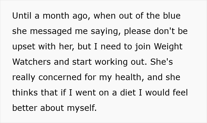 Text on screen about a woman told to lose weight by a good friend after 7 years, mentioning Weight Watchers and health concerns.