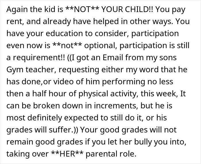 Text excerpt showing a woman advising cousin about school participation and refusing to babysit, highlighting family conflict.