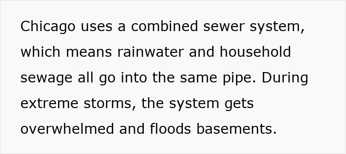 Text explaining Chicago&rsquo;s combined sewer system causing basement flooding during storms, sewage disaster cleanup underway.