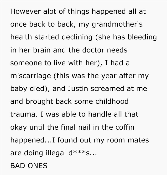 Text detailing personal struggles and discovery of roommates involved in illegal activities including refusal to return AC unit.