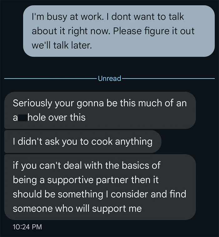 Text message exchange showing a woman angrily confronting her boyfriend after he gets upset over dinner she threw away.