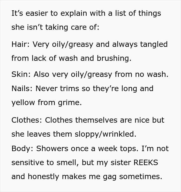 Text listing reasons a woman struggles with personal care, illustrating a harsh reality check linked to sexism and job challenges.