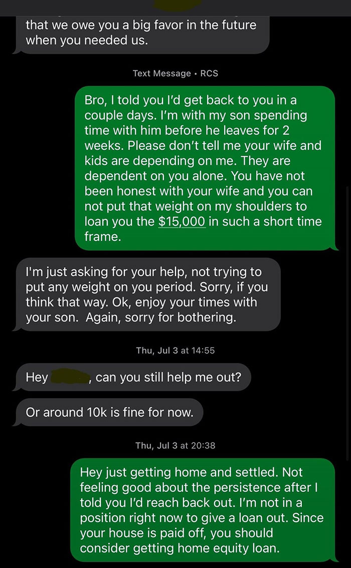 Text message conversation between friends calling two decades later, discussing a loan and setting boundaries on financial help. Text message conversation between friends calling two decades later, discussing a loan and setting boundaries on financial help.