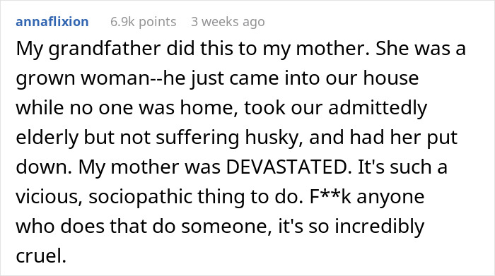 Comment describing a grandfather stealthily euthanizing a family dog, sparking outrage online over cruelty.