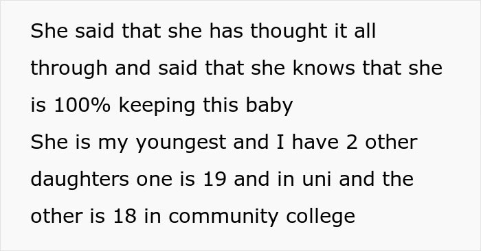 Text excerpt discussing a teen insisting on keeping her baby while facing a father who refuses to help.