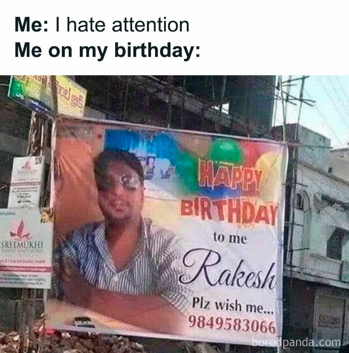 Introvert meme showing a man with a large birthday billboard, humorously highlighting introvert-worthy social awkwardness.