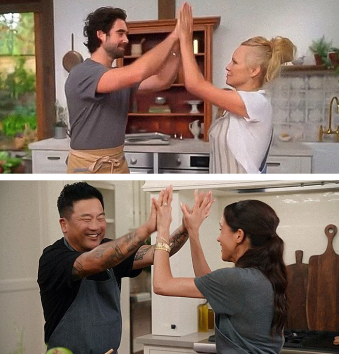 Two pairs of people in kitchens high-fiving, illustrating Pamela Anderson and Meghan Markle cooking show comparison. - 10