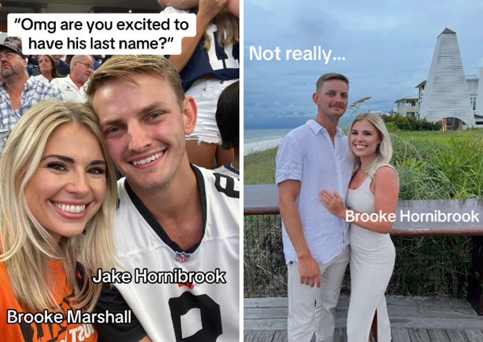 Couple humorously reacts to married surname trend, showing name change excitement and reluctance in outdoor and sports settings.