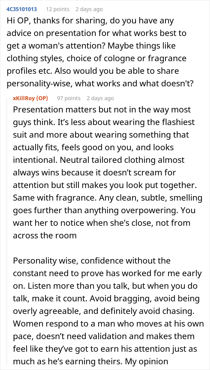 Screenshot of an online discussion where a paid companion shares advice on presentation and personality with wealthy married women.