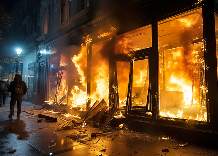 Building engulfed in flames at night, illustrating the dangers and causes of house fires from accidents and negligence.