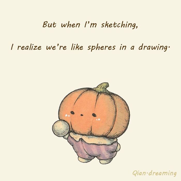 Adorably evil pumpkin illustration expressing regret and self-doubt, capturing inner thoughts with cute, emotional art style.