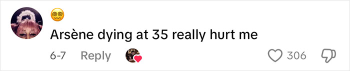 Comment expressing emotional impact about Ars&egrave;ne dying at 35, shared in an online discussion about family history.