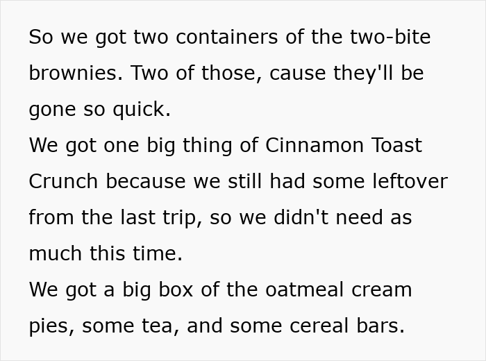 American family grocery haul including brownies, Cinnamon Toast Crunch, oatmeal cream pies, tea, and cereal bars.