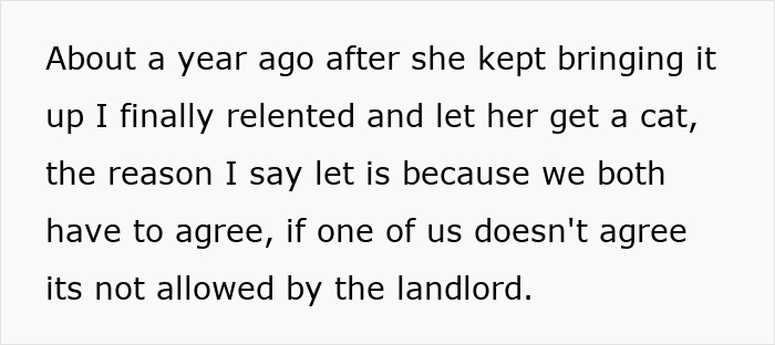Text excerpt discussing a roommate disagreeing with cat duties and landlord rules about pet agreements.