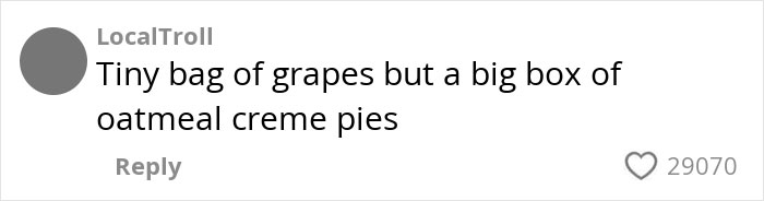 Comment from LocalTroll about a tiny bag of grapes and a big box of oatmeal creme pies in an American family grocery haul discussion.