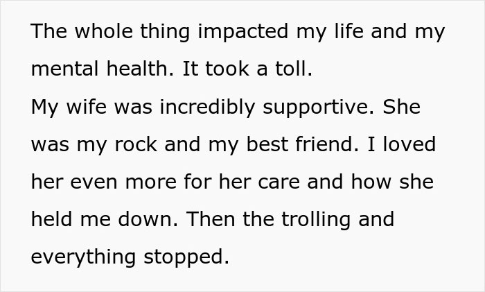 Text excerpt discussing the impact of cyber-bullying on mental health and supportive spouse in a personal story. - 10