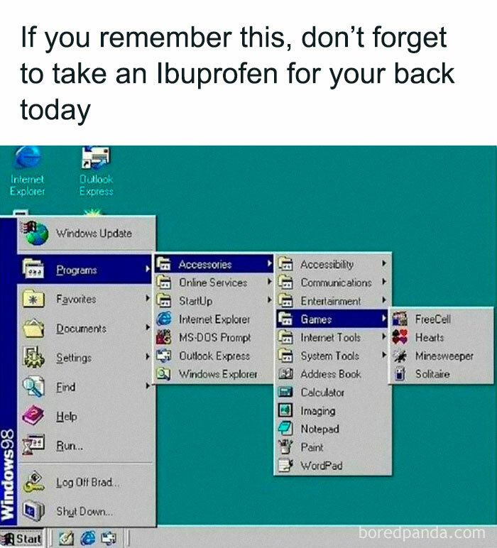 Classic Windows 98 start menu showing games like Solitaire and Minesweeper in a nostalgic introvert-worthy meme.