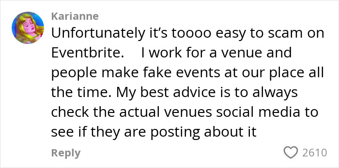 Comment by Karianne warning about the ease of scams on Eventbrite and advising to verify event venues on social media.