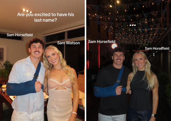 Couple sharing laughs over the married surname trend with humorous name mix-ups in casual indoor and outdoor settings.