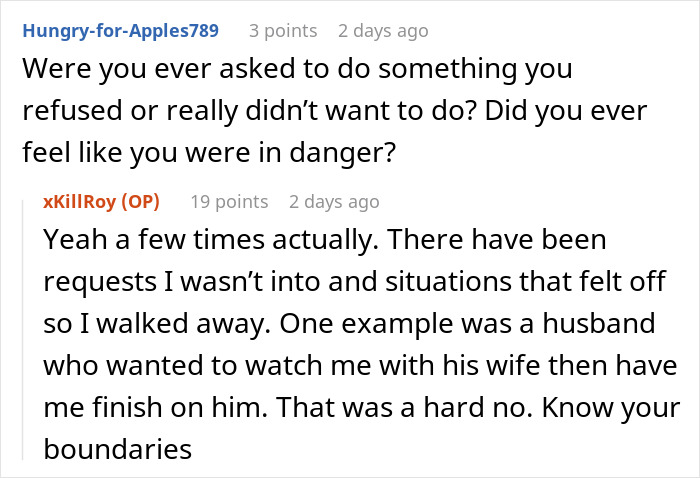 Screenshot of an online Q&A discussing experiences as a paid companion with wealthy married women and setting boundaries.