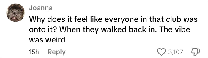 Comment from Joanna questioning the strange vibe at the club after strangers intervened to prevent trafficking. Comment from Joanna questioning the strange vibe at the club after strangers intervened to prevent trafficking.