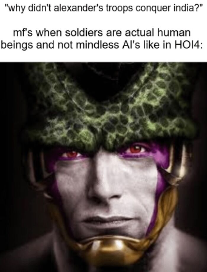 Meme humor challenging history knowledge with a fantasy soldier referencing Alexander's troops and HOI4 game AI.