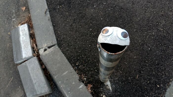 A striped metal pole in asphalt with googly eyes and a painted mouth, resembling playful street art.