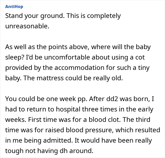 Commenter discussing postpartum challenges and concerns about accommodations for a baby and hospital visits after birth