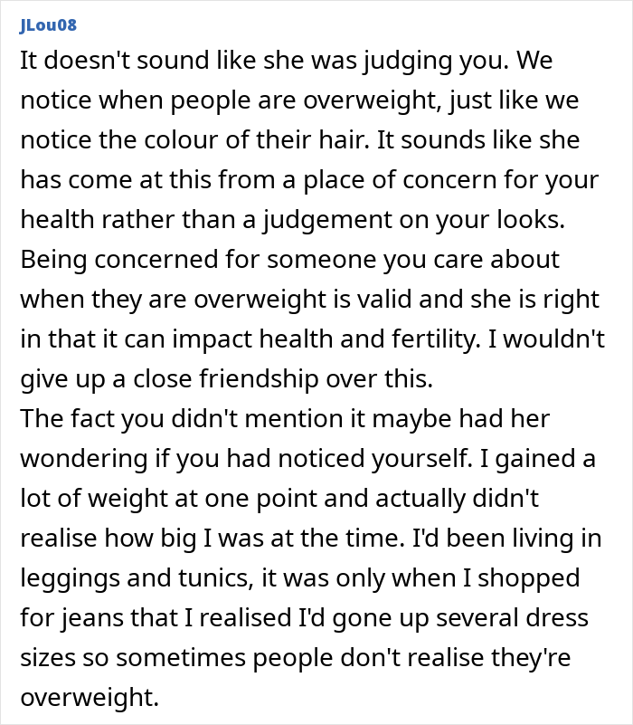 Comment discussing concern for a friend's health and weight after not seeing each other for years.