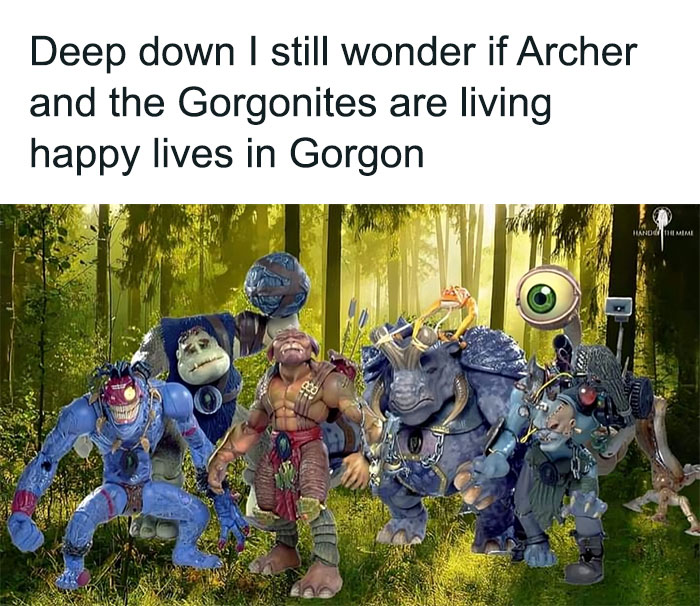 Gorgonites characters in a forest setting, nostalgic 90s cartoon figures from classic animated series.