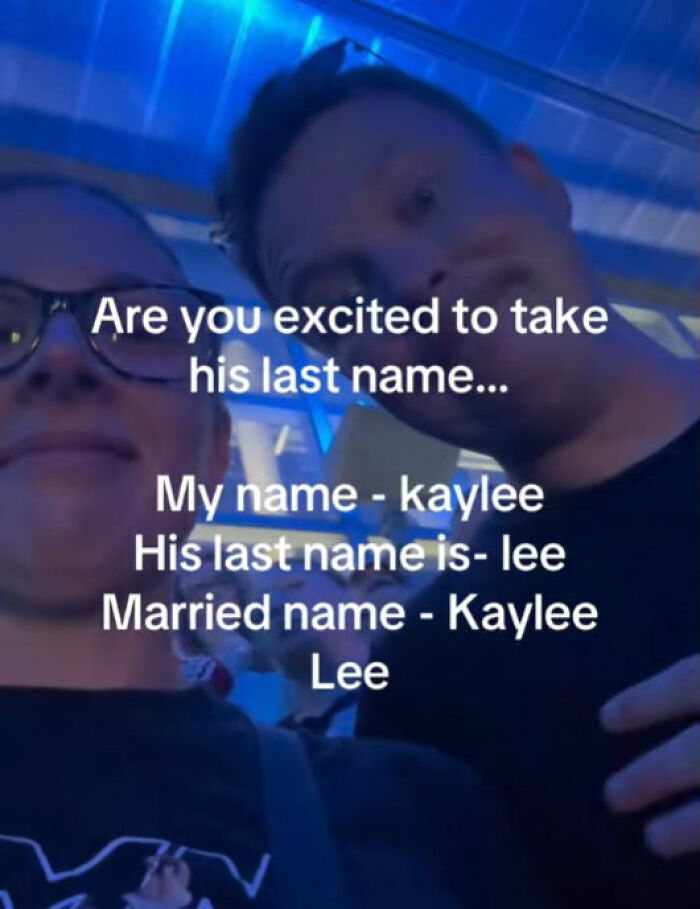 Couple humorously discussing the married surname trend, showing excitement about combining last names after marriage.