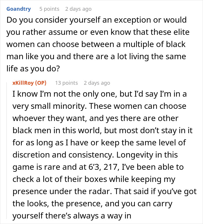 Commenter responding about experiences with wealthy married women, discussing discretion, presence, and longevity as a paid companion.