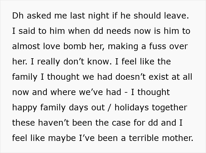 Text excerpt discussing stepdad raising girl, emotional struggles, and feelings of a fractured family dynamic.