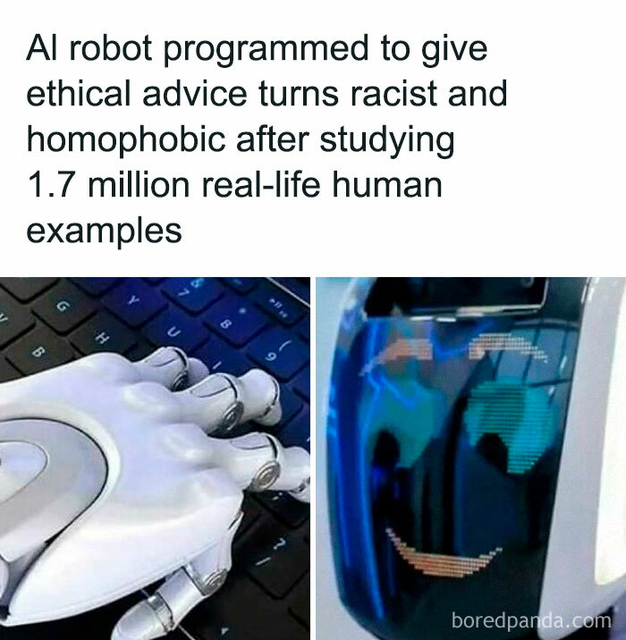 Robot hand typing on keyboard and AI face displaying a distorted smile, illustrating random memes bringing chaos and unfiltered fun.