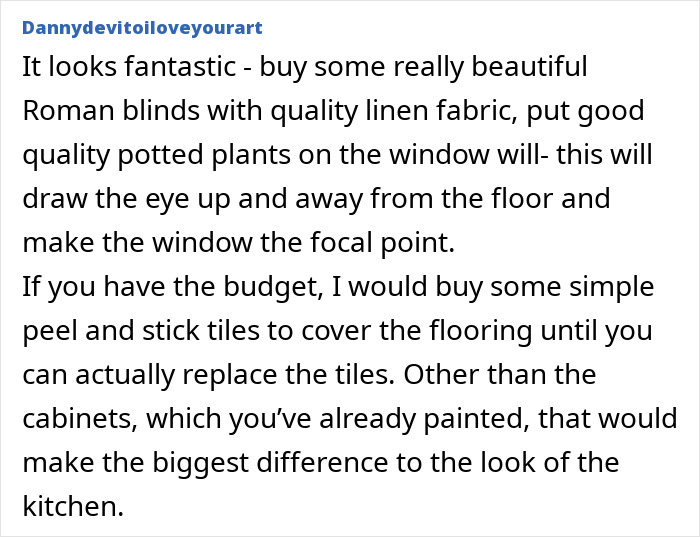 Alt text: User comment praising DIY kitchen makeover efforts and suggesting improvements with blinds, plants, and peel and stick tiles.