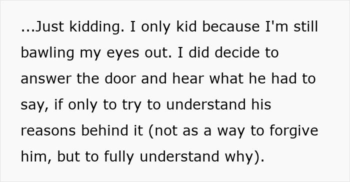 Text excerpt showing a guy pretending to be single and making dumb excuses when his girlfriend confronts him.