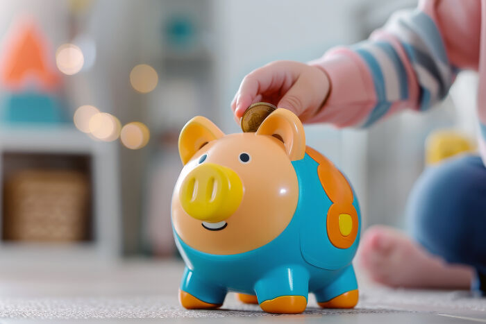 Child placing coin into colorful piggy bank, illustrating low effort high reward saving concept at home.