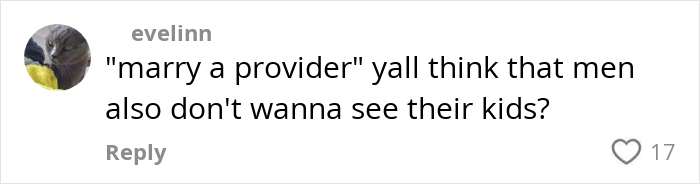 Comment about men missing seeing their kids, expressing emotions harder than imagined, posted by user evelinn.