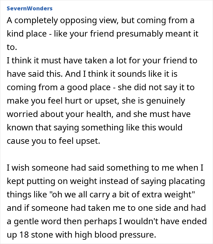 Comment discussing a woman seeing a good friend after years and being told to lose weight, focusing on health concern.