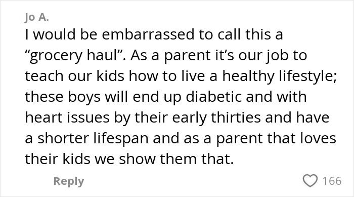 Comment criticizing unhealthy food choices in an American family grocery haul, expressing concern for children's health.