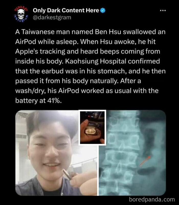 Screenshot of a creepy story from the darkest page on Instagram about a man swallowing an AirPod.