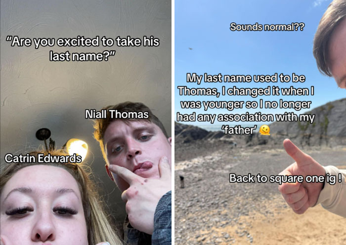 Two people humorously discuss the married surname trend and changing last names with funny captions.