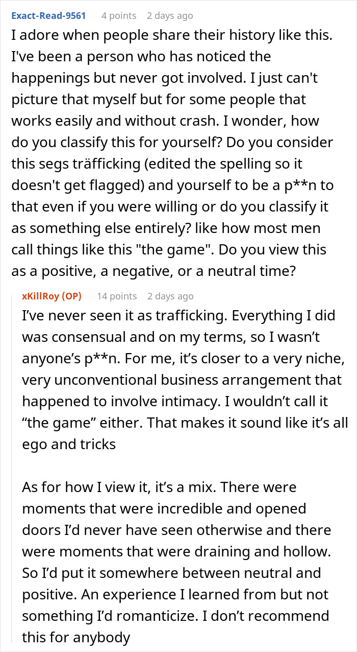 Screenshot of a discussion about experiences as a paid companion with wealthy married women, exploring consent and perspectives.