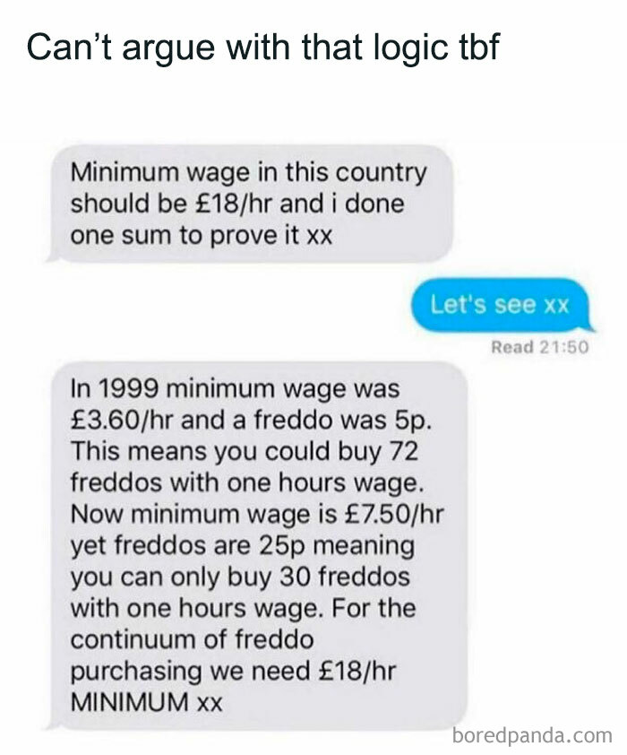Text message meme discussing UK minimum wage and cost of Freddo chocolates, illustrating chaotic British memes humor about wages.