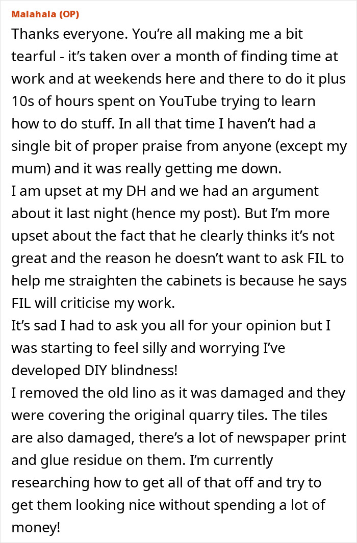 Text from a woman sharing her DIY kitchen makeover experience and frustrations with her husband who didn't help.