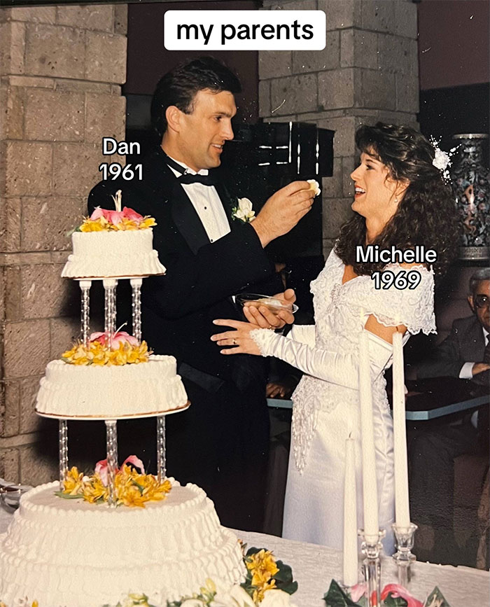 A family historian&rsquo;s parents in wedding attire with a decorated three-tier cake, inspiring others to share their family tree online.